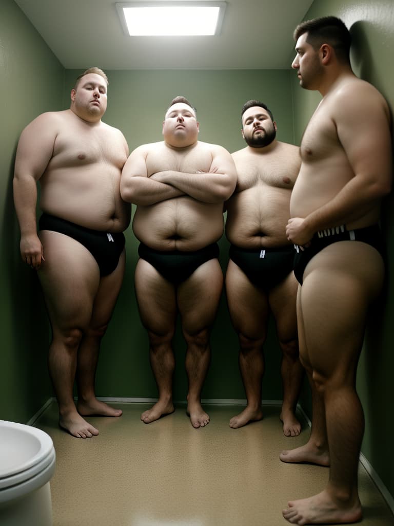  group of chubby overweight white men wearing only diapers, they are being held prisoner and forced to wear only diapers which they also must pee and poop in their diapers due to having no access to a bathroom, they are isolated in a room where they are left to alone for hours having to wear diapers that they have repeatedly peed and pooped in as they are forced to by their captors, they have been kept prisoners like this for so long that they are beginning to become incontinent both having to wear diapers and something they suspect has been being added to their food and water which is why they don't seem to stop peeing and pooping in their diapers , after being imprisoned like this together for over 300 days they are developing a diaper fet