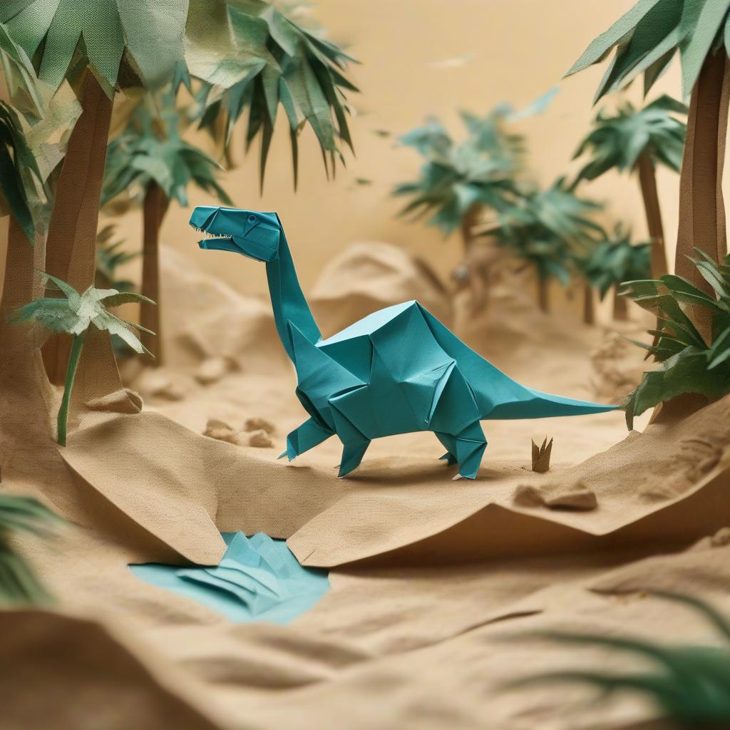  origami style cover of a game about dinosaurs, courier with bag, on an island with palm trees and sand . paper art, pleated paper, folded, origami art, pleats, cut and fold, centered composition, hkmagic