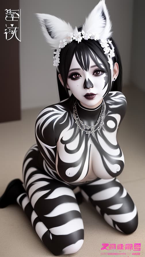  Black and White flame pattern body paint in every corner of the whole body, G rey body paint full body,Grey face paint on the face, two succubus sisters, full body image 女性