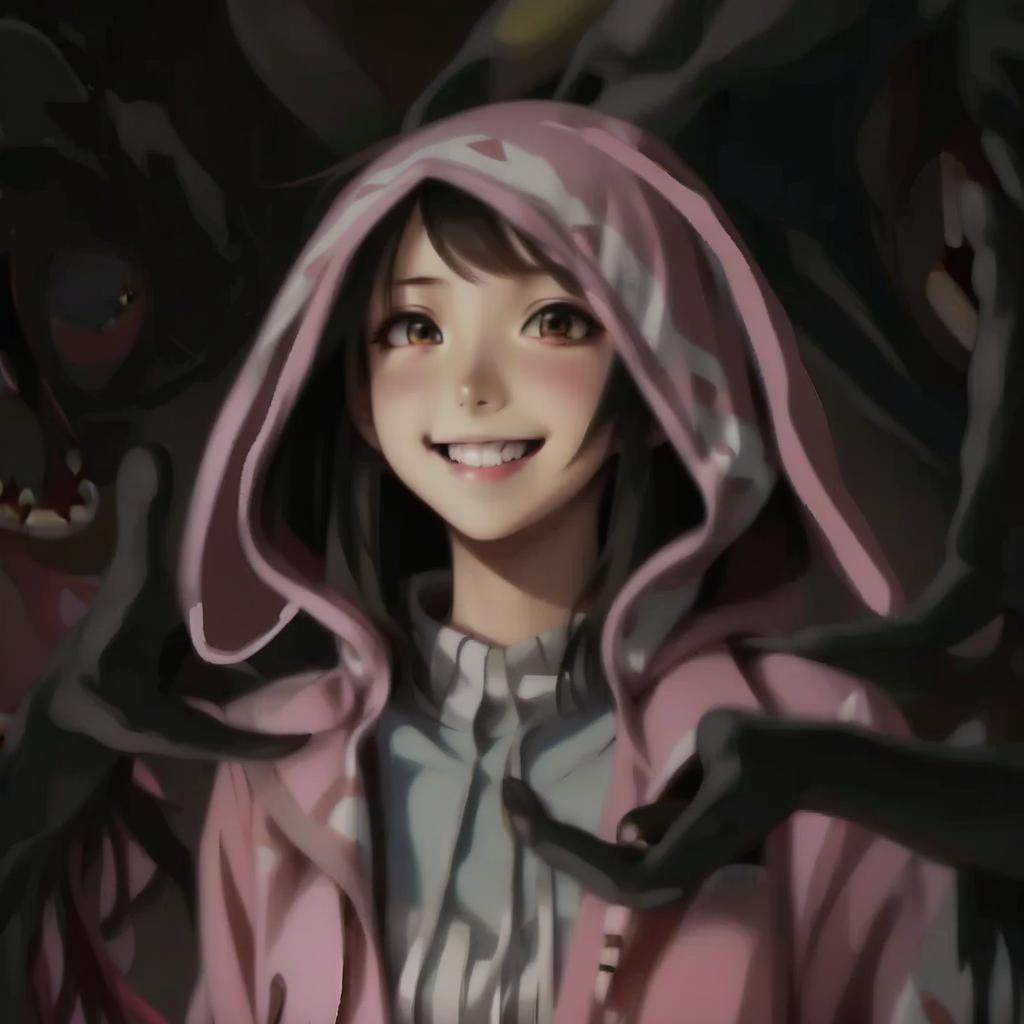  anime artwork the girl smile in the creature's clutches . anime style, key visual, vibrant, studio anime, highly detailed