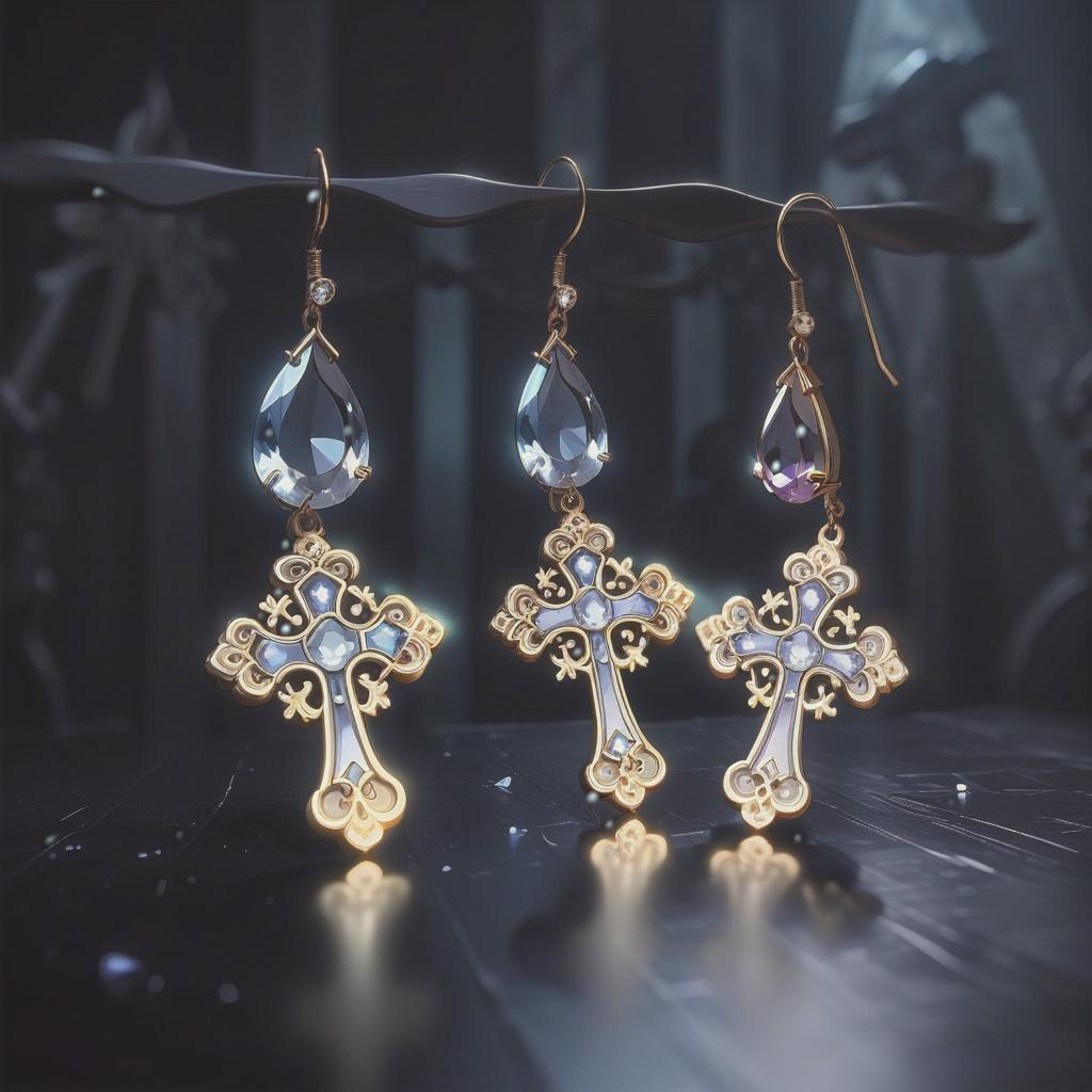  anime artwork prompt: two delicate thin gothic cross earrings with teardrop shaped crystals, intricate details, elegant jewelry design, dramatic lighting, high resolution, stunning craftsmanship, fine art photography, dark background, masterpiece negative prompt: low quality, poorly designed, blurry, cheap materials, oversized, out of frame, low detail, grainy, cartoonish . anime style, key visual, vibrant, studio anime, highly detailed, hkmagic