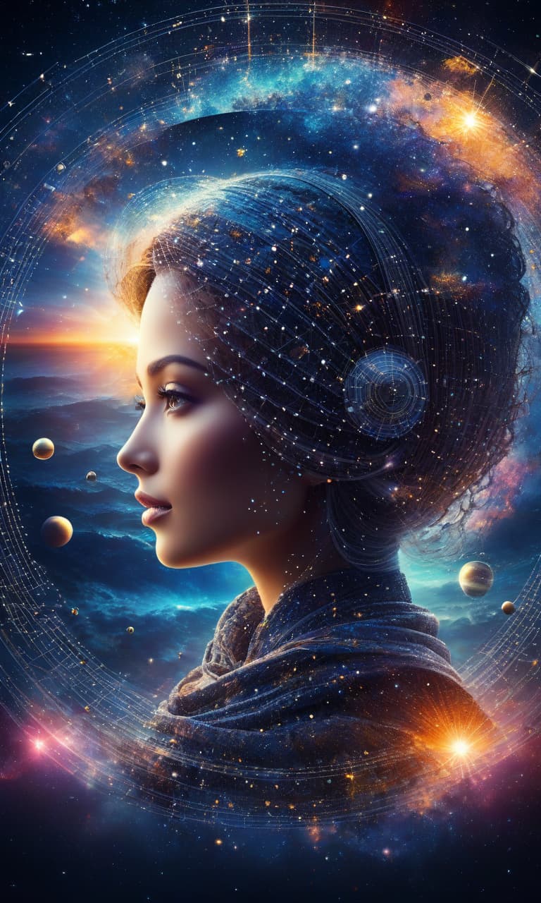  space themed professional photo, transparent silhouette of anthropomorphic female face, sunrise, sailing ship, multi layered image, series of networks, links, circles and dots with many bright flashes within each circle and dot, high detail, ultrahd . cosmic, celestial, stars, galaxies, nebulas, planets, science fiction, highly detailed