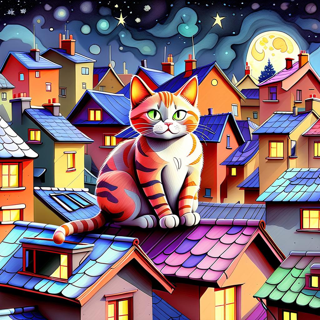  concept art in the style of the artist dmitry yakovin, colored pencil, watercolor, high quality, many details. city. roofs of houses. on each roof there is a cat of different colors. against the starry sky . digital artwork, illustrative, painterly, matte painting, highly detailed