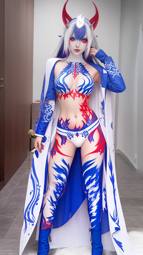  Blue and red flame pattern body paint in every corner of the whole body,White body paint full body, White flame pattern face paint on the face, two dark elf, full body image 女性