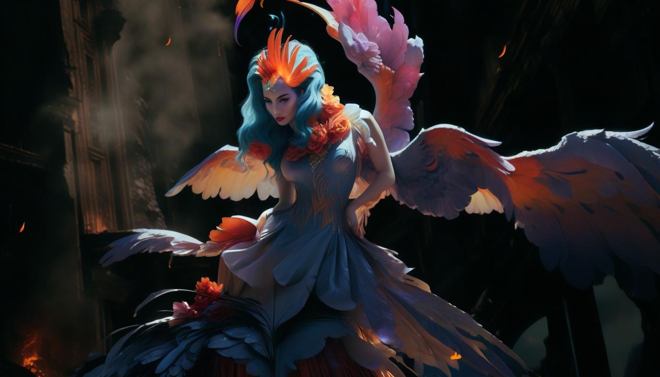  concept art (digital image, double exposure, masterpiece:1.3). (the image of a phoenix in vintage clothes, magnificent wings behind her back, expressive beautiful eyes, a look at the viewer:1.6). red ((fiery rivers of lava)), small rounded houses with pointed roofs. (background: eruption of vesuvius:1.4). a fascinating sight, (flowers from the flames:1.4), bright accents. revival. (in the style of josephine wall:1.5). high detail, realistic fantasy, 1024k resolution, hdr. . digital artwork, illustrative, painterly, matte painting, highly detailed, glowneon, hkmagic