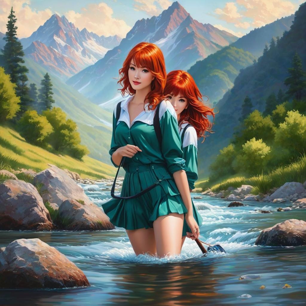  three redhead girls being intimate in the river under the mountains, award winning, professional, highly detailed, masterpiece