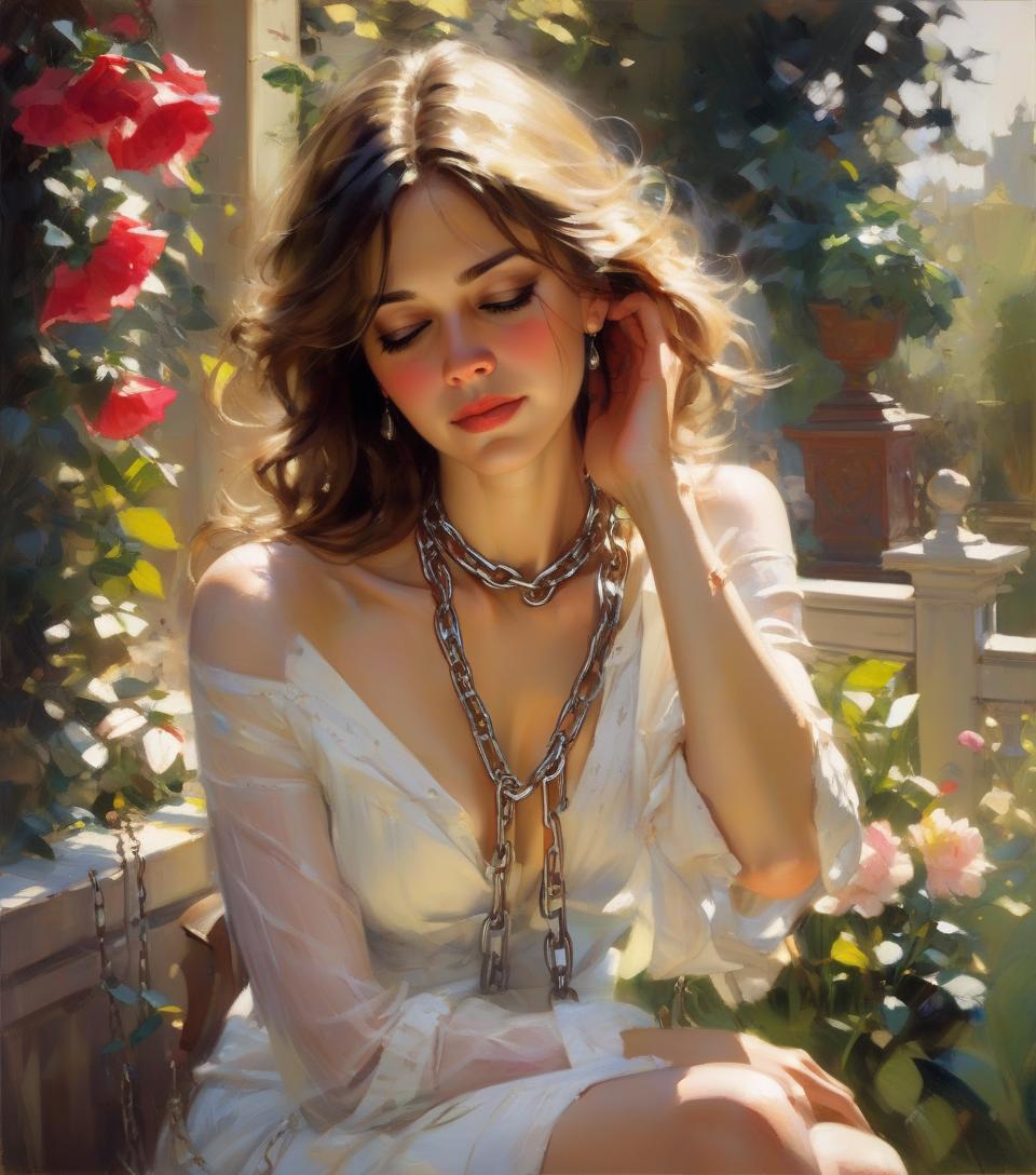  a charming lady sitting in a beautiful garden, chains around her neck, tears running down her cheeks. michael garmash, daniel f gerhartz, jeremy mann