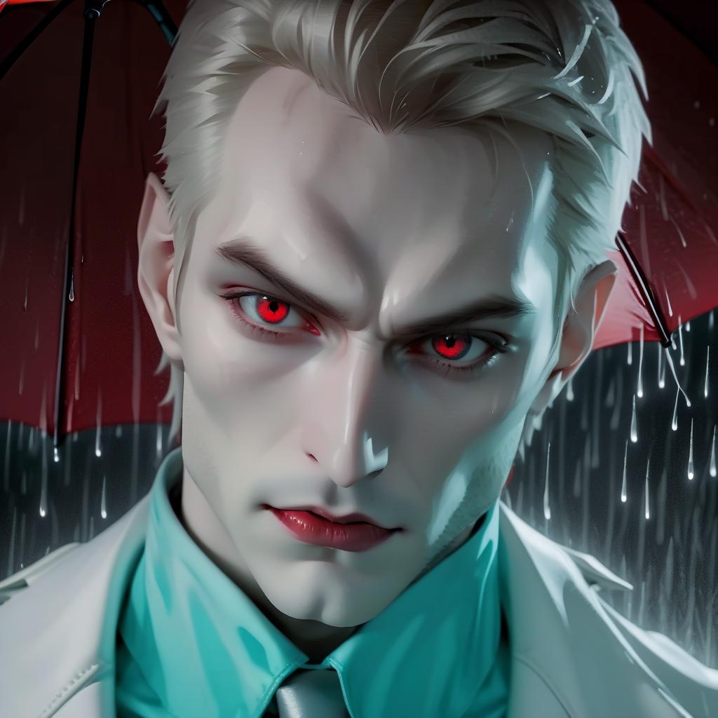  adult male. vampire. pale skin. sharp features. dangerous look. beautiful eyes. in a white jacket. under a red umbrella. rain.