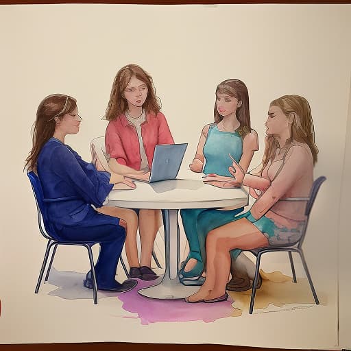  illustration, central element: five girls in a chair discussing a problem, poster, watercolor drawing,