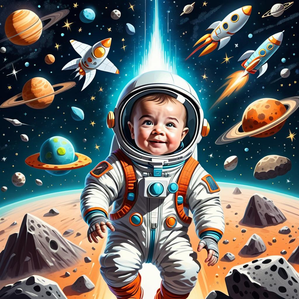  child astronaut flies in toy rocket among stars and asteroids, baby's face seen