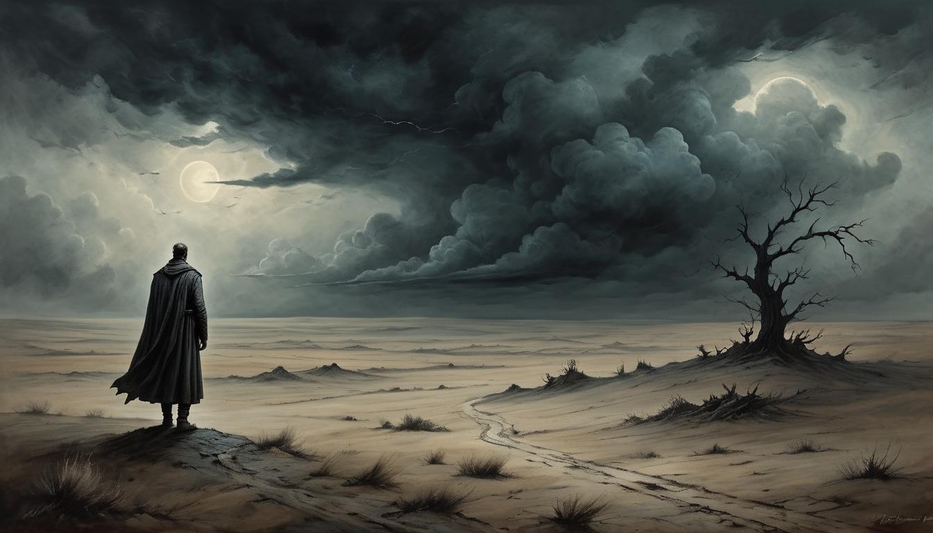  on parchment, surrealism+++, a lone figure on a desolate plain, dark sky, distant storm, heavy posture, sense of isolation and real pain(mysterious, provocative, symbolic,muted color)+++