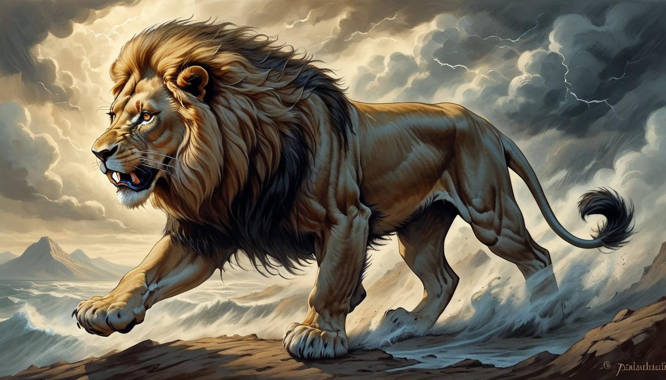  on parchment, surrealism+++, a lion roaring fiercely, jaws wide open, expansive savanna under stormy skies, mane flowing in the wind, power and ferocity, raw vocal strength, breaking silence, primal energy.(mysterious, provocative, symbolic,muted color)+++