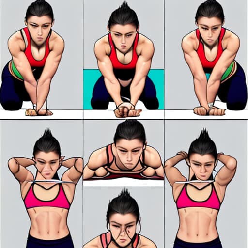  Generate 6 separate images demonstrating each of the exercises listed below: Pike pushups Handstand pushups on wall Shoulder taps Resistance band shoulder press Lateral raises Face pulls