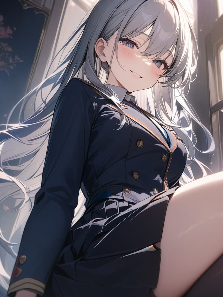  smile girl, dark blue blazer, uniform, mini , long hair, cute, dark blue high socks, masterpieces, winks, winks, waist ups, masterpiece, best quality,8k,ultra detailed,high resolution,an extremely delicate and beautiful,hyper detail