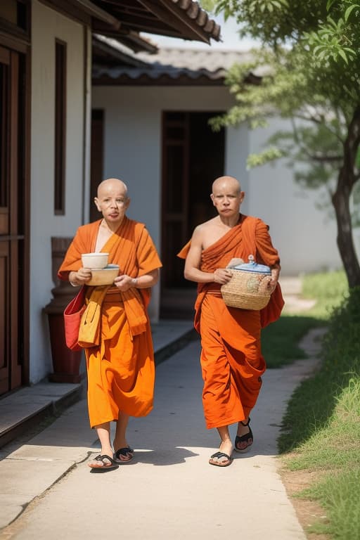  thai monks walk to collect alms in the morning, with sunlight. there are elderly people waiting to give alms., advertising photo,high quality, good proportion, masterpiece , the image is captured with an 8k camera