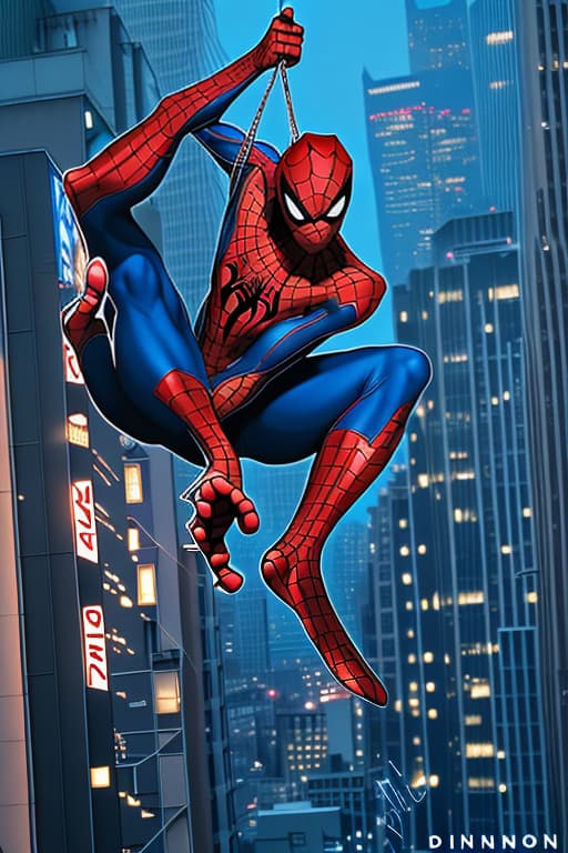  Spiderman swinging through the city with the name konnor in light on a city building.