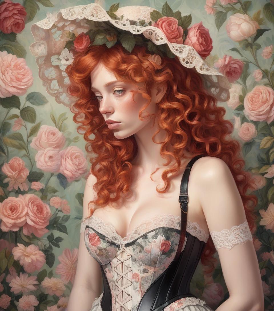  an illustration of a woman with curly red hair, a floral hat, and a lace corset against a floral backdrop. oil painting , masterpiece. perfect anatomy