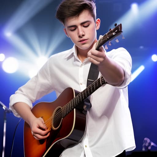  a young man in a white shirt stands on stage and performs