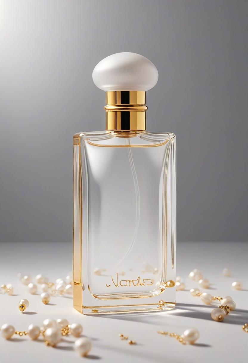  a glass perfume bottle with a white rectangular cap and gold accents, featuring vertical lines on the body of the elegant modern minimalist design. the background is light gray with subtle decorations like pearls or snowflakes. in front of it stands an object resembling jewelry that adds to its luxurious feel. a soft spotlight illuminates the scene from above. there's text at top right about deodorant liquid. on transparent background.