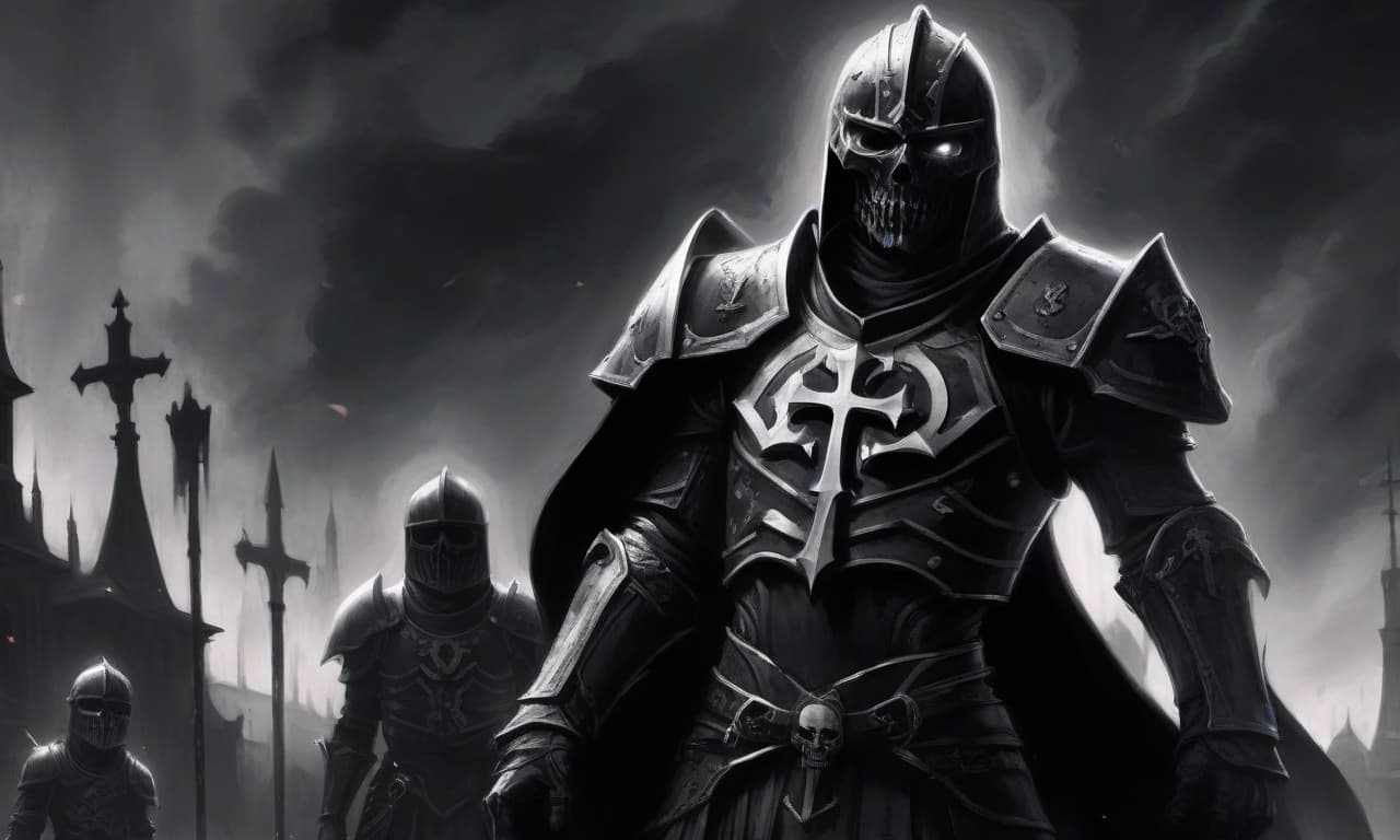  horror themed draw in black white style. the legion of the sons of night, an elite unit of knights, in a black dark universe of horrors, in iron armor with black cloaks, on their shoulder pads on the left is an engraving of an iron lion, and on the right is a white iron cross, their helmet looks like an iron skull. they stand in a black temple where candles are lit. . eerie, unsettling, dark, spooky, suspenseful, grim, highly detailed