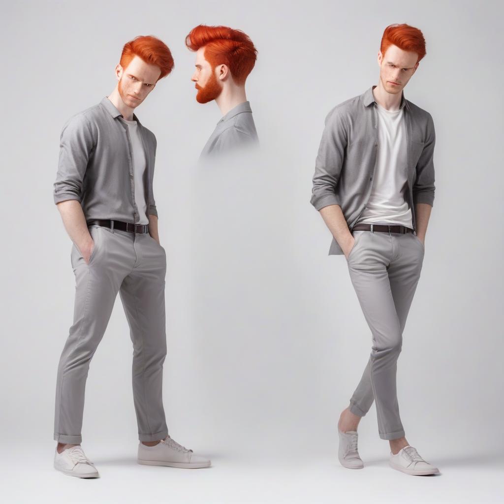  a faceless guy with red hair in gray trousers, a light shirt with cloths, character, different poses on a white background, art