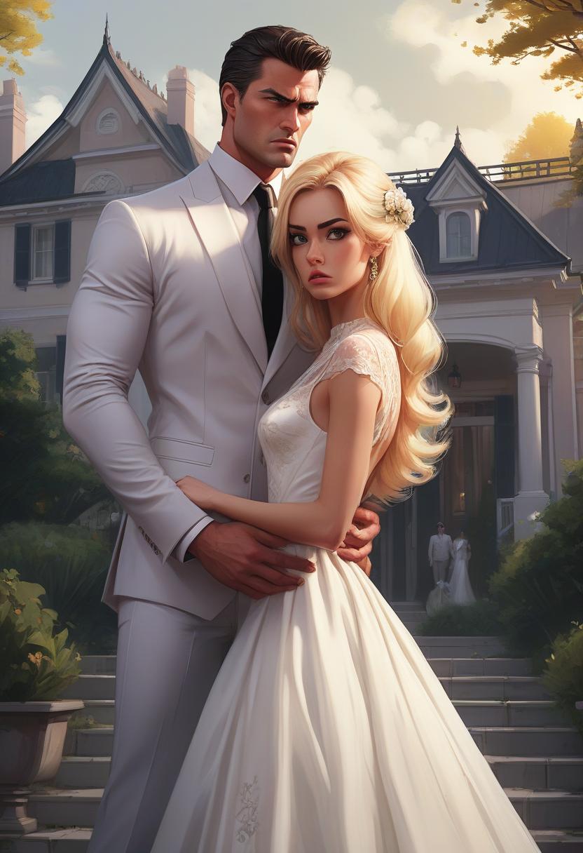  the cover of a romantic book in a modern style. a house is depicted in the background. 1 handsome man, tall, muscular, angry, dressed in a business suit, standing tall. there is 1 girl standing behind the man in a luxurious wedding dress and veil, she stands tall, she has big scared eyes, kawaii style. the man has black hair, the girl has blonde hair. very clear lines, ((drawn lines)). high detail, 8k, rich, sophisticated, cinematic, atmospheric. edmund blair and charlie bowater, graphics by magali villeneuve, classics of digital art in the fantasy genre by charlie bowater and mark brooks