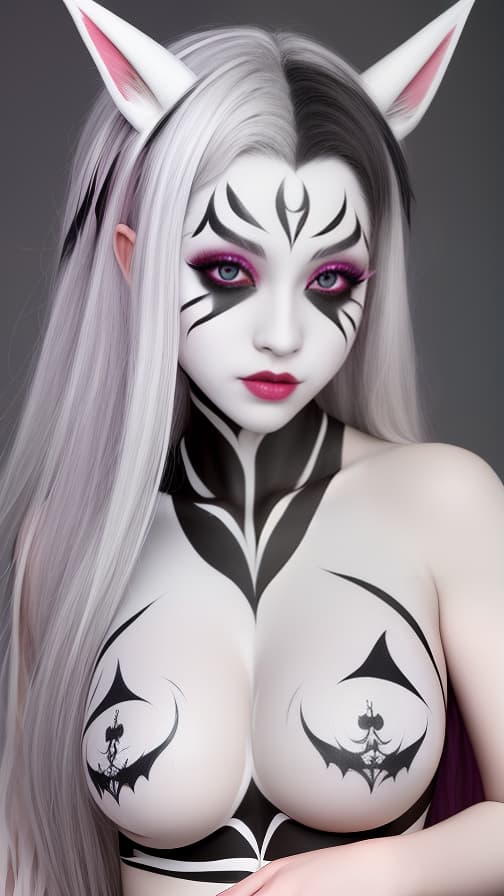  White bat pattern body paint in every corner of the body, Blark body paint all over the body, Grey face paint on the face, Two dark elf sisters, full body image 女性