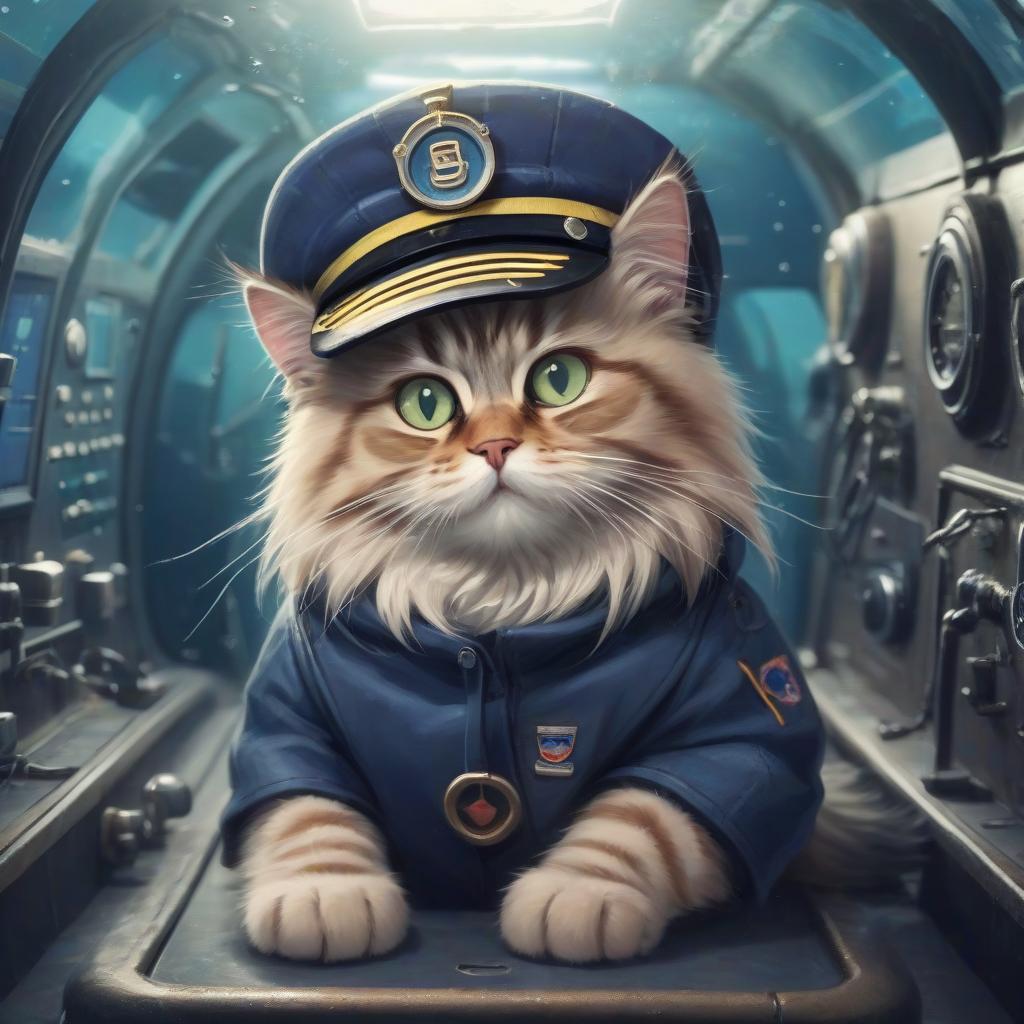  siberian cat in a cap in a submarine