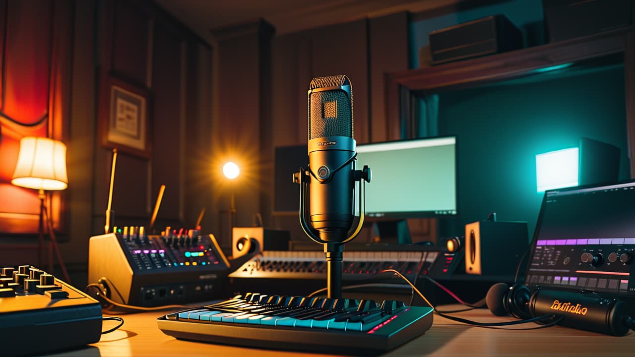  a cluttered podcasting workspace featuring a microphone, headphones, mixing console, soundproofing foam, and a laptop displaying audio editing software, illuminated by warm light, conveying the complexity and creativity of podcast production. hyperrealistic, full body, detailed clothing, highly detailed, cinematic lighting, stunningly beautiful, intricate, sharp focus, f/1. 8, 85mm, (centered image composition), (professionally color graded), ((bright soft diffused light)), volumetric fog, trending on instagram, trending on tumblr, HDR 4K, 8K