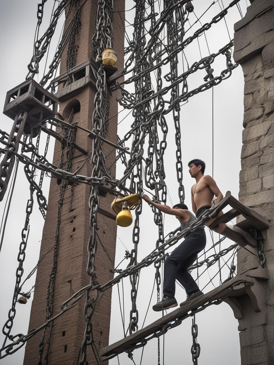  four friends in their mid 20s, chained together by their ankles, navigate the perilous ascent of the towering spire. the asian man, known for his clumsy nature, leaps ahead with reckless abandon, taking wild risks that often put the group in danger. his unpredictable movements cause the heavy chains to rattle and tighten, making every step for the others more treacherous. the italian man follows with an expression of sheer boredom, as if the challenge does not impress him. he moves steadily but without enthusiasm, occasionally sighing as he half heartedly climbs past swinging pendulums and sparking wires. meanwhile, the mexican man remains intensely focused, his eyes scanning for the safest path forward, calculating each move with precision