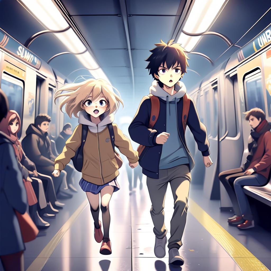  anime, winter, subway, boy running after girl in subway and she gets lost in people baby