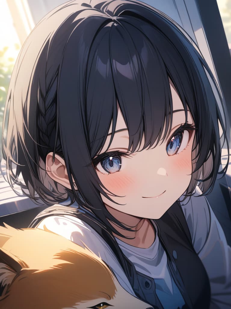  black hair, short hair, hair tip blue, smile, cute, gradation, fox, braided ears, masterpiece, best quality,8k,ultra detailed,high resolution,an extremely delicate and beautiful,hyper detail