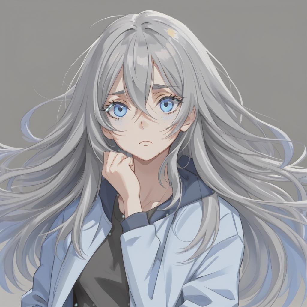  a girl with blue eyes and very long gray hair. her bangs are stacked on both sides, except for the long part in the middle. in everyday clothes she wears an oversize jacket, blue, in a white strip, the jacket is partially unbuttoned. under her she puts on a black shirt and short blue shorts. the expressions of the girl’s face are insignificant, but noticeable. her face is calm with almost no emotions.