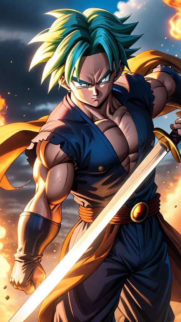  anime art of future trunks from dragon ball z clashing with cell, sword ineffective against cell's regenerative powers hyperrealistic, full body, detailed clothing, highly detailed, cinematic lighting, stunningly beautiful, intricate, sharp focus, f/1. 8, 85mm, (centered image composition), (professionally color graded), ((bright soft diffused light)), volumetric fog, trending on instagram, trending on tumblr, HDR 4K, 8K