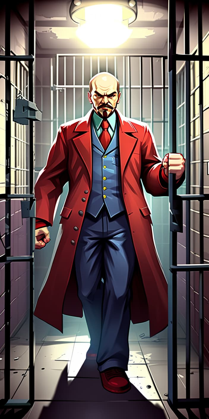  fighting game style lenin in a prison cell . dynamic, vibrant, action packed, detailed character design, reminiscent of fighting video games