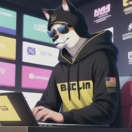  a Shiba dog smiling wearing sunglasses a black hoodie on head sitting in front of a many apple computer screens, ryoshi, typical cryptocurrency nerd, hyper bullish, cryptidcore, cryptocurrency in the background, cryptopunk, bitcoin, crypto, goldenwolf, an epic majestical degen trader, cgtrader, alpha, ceo, hyperdetailled, anthropomorphic shiba inu, illustratioin ultra high defenition side ways to viewer