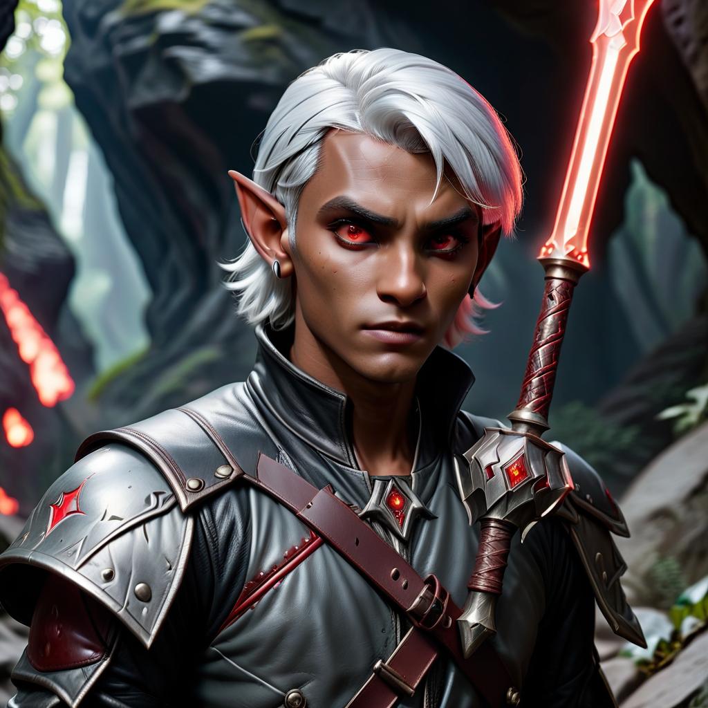  cinematic photo drow male elf cleric, dark grey graphite color skin, red eyes, silver medium haircut, black leather jacket, iron battle mace, impudent arrogant rude expression, traveler shoulder bag, half body view, dark cave temple . 35mm photograph, film, bokeh, professional, 4k, highly detailed, civitai