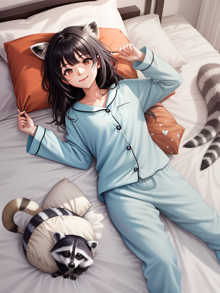  cute raccoon,in pajamas,in bed from holding a pillow,time to say goodnight,