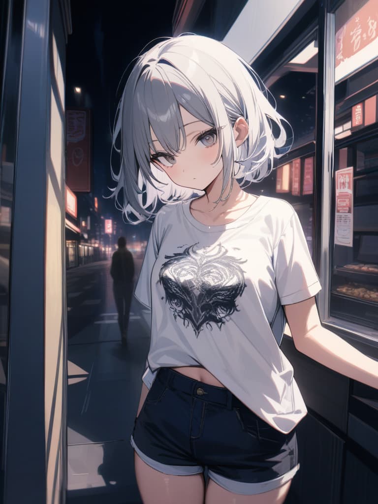  gal, kurukurukuru hair, gray hair, gray eyes, piece piece, reverse piece, golden characters on white t shirts, hungry clothes, shorts, showing pants, nights in the city, roses on the stomach tattoo, masterpiece, best quality,8k,ultra detailed,high resolution,an extremely delicate and beautiful,hyper detail