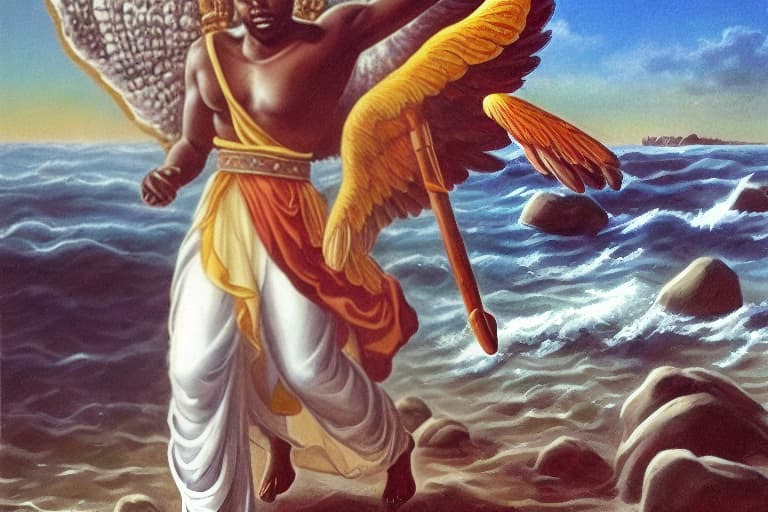 hasbulla person Mighty African male angel fully clothed in Israelite garb with wings. picks up big rock and toss it in sea.