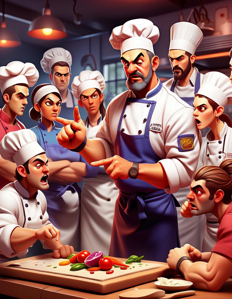  fighting game style the head chef explaining a recipe to the team, pointing at a board with ingredients, surrounded by colleagues. . dynamic, vibrant, action packed, detailed character design, reminiscent of fighting video games