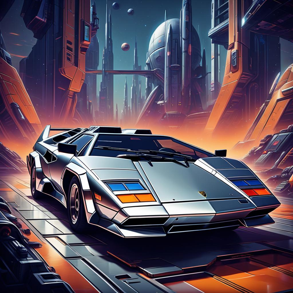  retro game art the spacecraft looks like a lamborghini countach, silver color, in the styles of futurism, dieselpunk and steampunk. . 16 bit, vibrant colors, pixelated, nostalgic, charming, fun