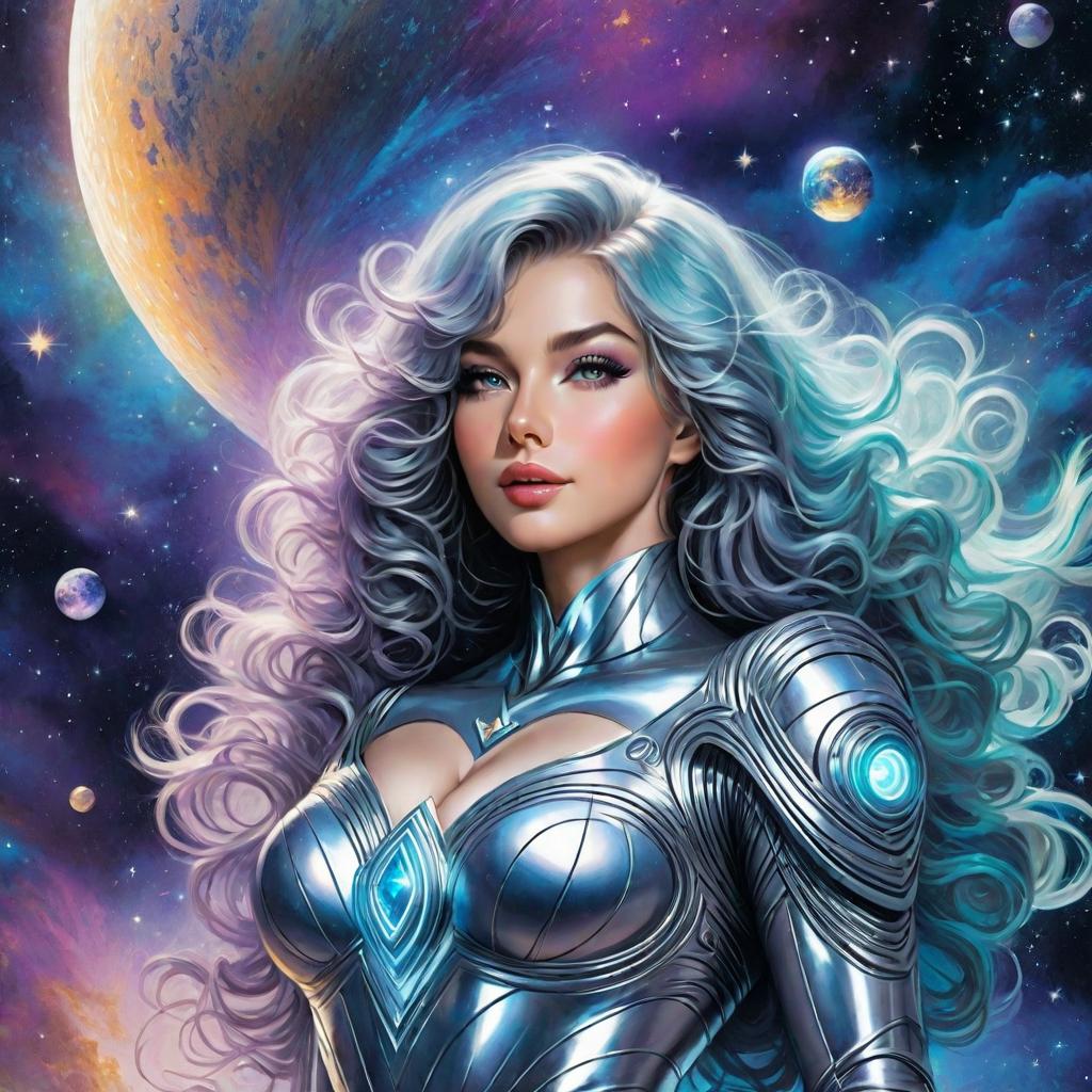  space goddess, long curly hair, galaxy hair, space background, stars, goddess, body suit, powers, full lips, hour glass figure, award winning, professional, highly detailed, masterpiece