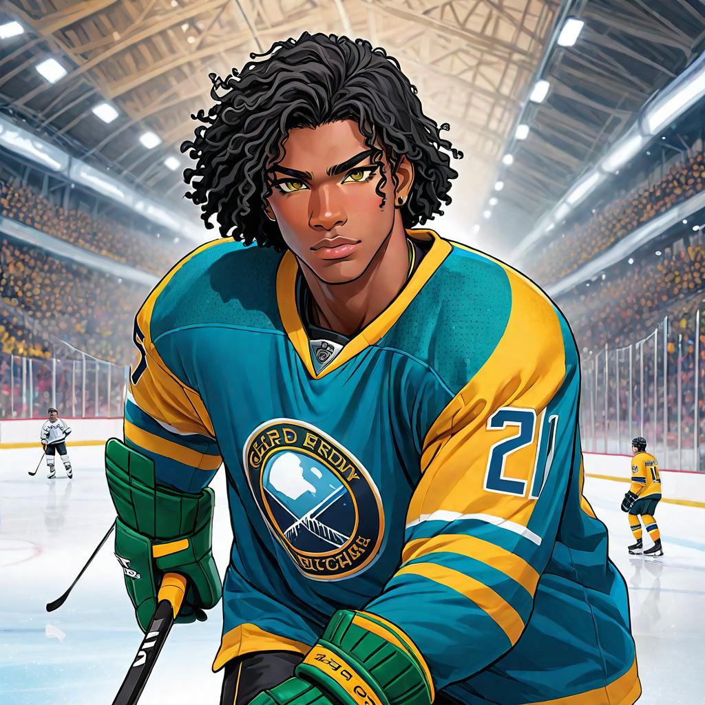  anime art very beautiful african american male hockey player, 4c curly black hair, black skin male, green sullen eyes, long black lashes, bow shaped lips, flat eyebrows, snub nose shape, scar on right cheek that goes to jaw, bridge nose piercing, hockey player, on ice rink, hockey stick, blue and yellow jersey, full body., award winning, professional, highly detailed, masterpiece