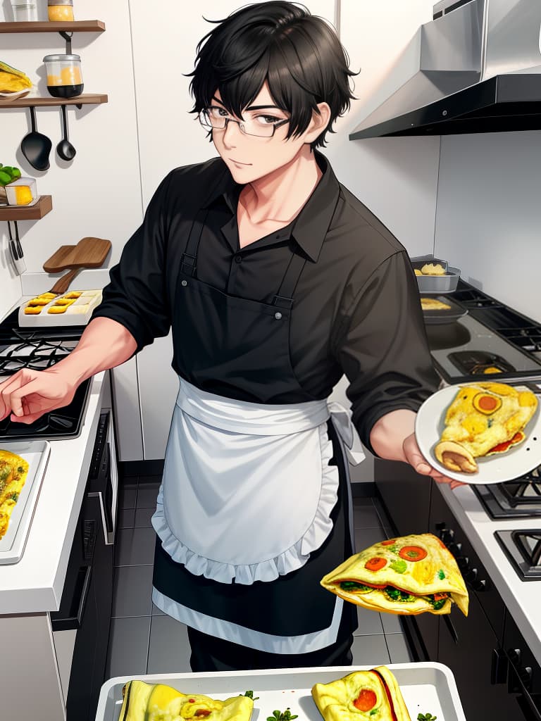  one man, black hair black eyes, short hair, (((omelet))), cooking, kitchen, apron, fun man, glasses