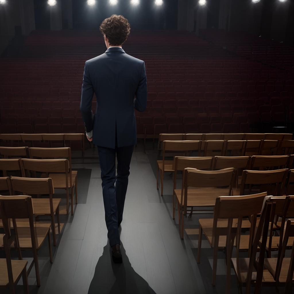  masterpiece, best quality, the back of an actor standing on a stage, looking out over an audience