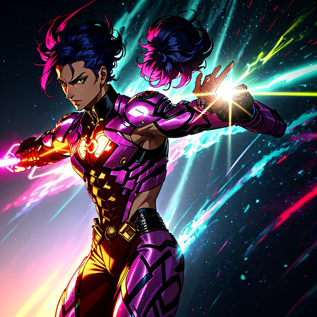  a fighter with a unique hairstyle and a stand, in the bold and stylish style of hirohiko araki, with detailed character designs and vibrant colors. hyperrealistic, full body, detailed clothing, highly detailed, cinematic lighting, stunningly beautiful, intricate, sharp focus, f/1. 8, 85mm, (centered image composition), (professionally color graded), ((bright soft diffused light)), volumetric fog, trending on instagram, trending on tumblr, HDR 4K, 8K