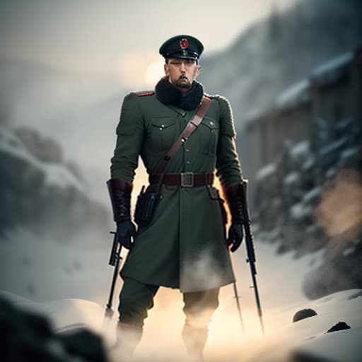  low level image, soviet soldier, man, one hyperrealistic, full body, detailed clothing, highly detailed, cinematic lighting, stunningly beautiful, intricate, sharp focus, f/1. 8, 85mm, (centered image composition), (professionally color graded), ((bright soft diffused light)), volumetric fog, trending on instagram, trending on tumblr, HDR 4K, 8K