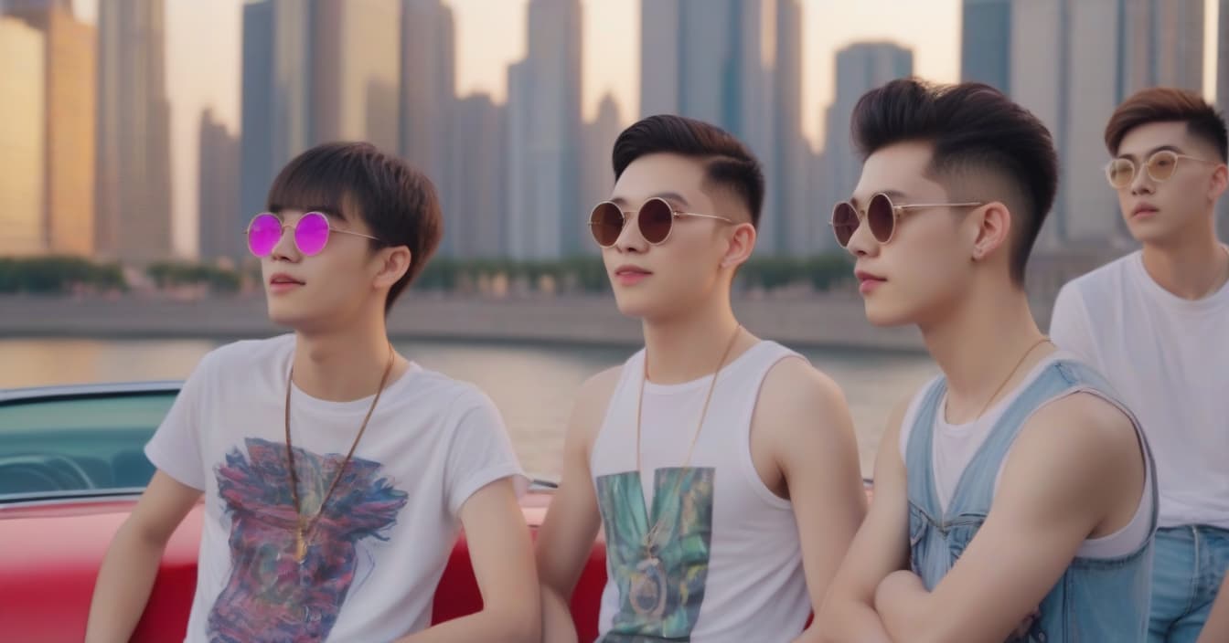  3 young men on the concert stage under the light of spotlights with microphones sing in bright summer clothes, in mirrored glasses, in the evening in the open air, and behind their backs a large screen on which a convertible with a girl, hkmagic