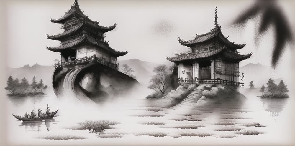  guofeng, chinese landscape painting, chinese architecture, cloud, vision, bridge, no human, no human,